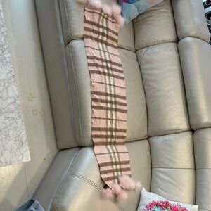 Burberry Pink and Brown Check Feather-Trim Scarf